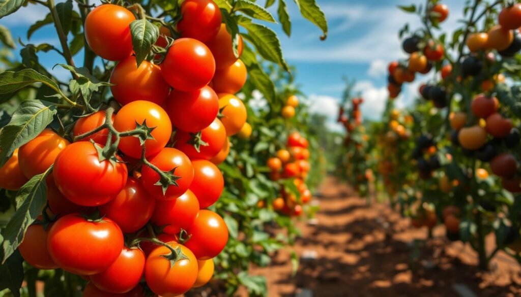 A bountiful harvest of varied tomato cultivars, showcased in a vibrant, sun-drenched setting. In the foreground, lush clusters of plump, juicy tomatoes in a kaleidoscope of hues - bright red, deep orange, sunny yellow, and rich purple. Leaves rustle gently in the soft breeze, casting delicate shadows. Mid-ground, sturdy tomato plants sway, their verdant foliage contrasting with the warm, earthy tones of the soil. In the background, a backdrop of azure sky and wispy clouds, creating a serene, idyllic atmosphere to highlight the diversity of these beloved nightshade fruits. Captured with a sharp, high-resolution lens, the scene radiates a sense of abundance and the joy of cultivating a bountiful tomato harvest.