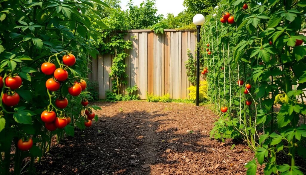A lush, well-tended tomato garden nestled in a sun-dappled backyard. In the foreground, vibrant green tomato plants with clusters of ripening ruby-red fruit dotting the foliage. Middle ground showcases a neatly tilled soil bed, freshly mulched, with neatly staked tomato vines. In the background, a weathered wooden fence, partially obscured by trailing vines and flowering companion plants, lends an organic, rustic charm. Warm, golden afternoon light filters through wispy clouds, casting a soft, natural glow over the entire scene. The overall atmosphere is one of bountiful harvest, tranquility, and the joyful rewards of homegrown produce.