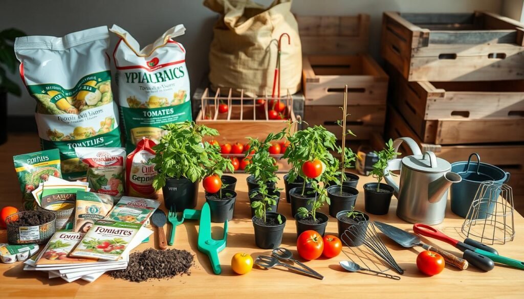 A well-lit, high-resolution image of a neatly arranged table displaying a variety of gardening materials for planting tomatoes. In the foreground, various seed packets, soil amendments, and gardening tools like trowels, pruning shears, and watering cans are meticulously placed. The middle ground showcases small tomato seedlings in biodegradable pots, along with a few tomato cages and stakes. In the background, a large bag of potting mix and a stack of wooden planting boxes create a sense of depth and organization. The lighting is soft and natural, casting gentle shadows and highlighting the textures of the materials. The overall composition conveys a sense of preparedness and attention to detail for the task of planting tomatoes at home.