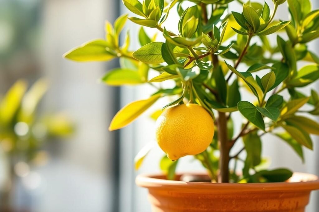 A close-up photograph of a potted lemon tree (Limonero en maceta) in natural sunlight. The lemon tree is thriving, with bright green, glossy leaves and a few ripe, vibrant yellow lemons hanging from the branches. The pot is made of terracotta, adding a rustic, earthy element. The background is blurred, creating a soft, dreamy focus on the plant. The lighting is warm and evenly diffused, highlighting the textures and details of the lemon tree. The overall mood is one of tranquility, growth, and the simple pleasures of cultivating a citrus plant in a domestic setting.