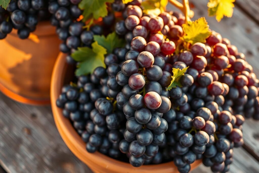 A close-up shot of a terracotta pot overflowing with lush, ripe purple grapes. The grapes cluster together in bunches, casting soft shadows on the pot's textured surface. Warm, golden-hour lighting bathes the scene, creating a cozy, inviting atmosphere. The pot is placed on a weathered wooden surface, hinting at a rustic, countryside setting. The focus is sharp on the grapes, emphasizing their juicy, plump appearance, while the background is gently blurred, drawing the eye to the main subject. The overall composition is balanced and visually appealing, perfectly capturing the essence of a thriving grape harvest.
