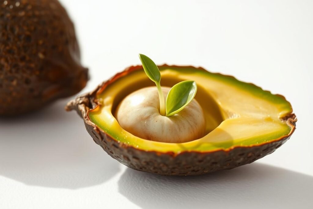A close-up shot of an avocado seed germinating, showcased against a clean, light background. The seed's shell is cracked open, revealing the delicate sprout emerging, its tender green leaves unfurling with a sense of vitality and new life. Soft, directional lighting illuminates the scene, casting subtle shadows that accentuate the seed's intricate textures and the fragile beauty of the nascent plant. The image captures the wonder and promise of the avocado's growth cycle, inviting the viewer to observe this crucial first step in the step-by-step process of planting an avocado from seed. A close-up shot of an avocado seed germinating, showcased against a clean, light background. The seed's shell is cracked open, revealing the delicate sprout emerging, its tender green leaves unfurling with a sense of vitality and new life. Soft, directional lighting illuminates the scene, casting subtle shadows that accentuate the seed's intricate textures and the fragile beauty of the nascent plant. The image captures the wonder and promise of the avocado's growth cycle, inviting the viewer to observe this crucial first step in the step-by-step process of planting an avocado from seed.