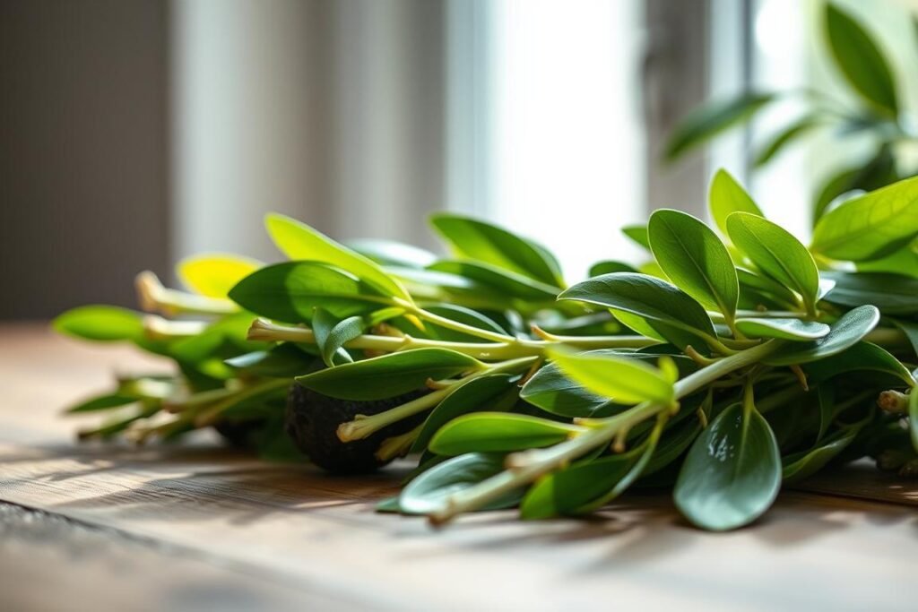A close-up shot of freshly harvested avocado cuttings (esquejes de aguacate) resting on a wooden surface. The cuttings have lush green leaves and healthy, supple stems. Soft, diffused natural lighting from a window illuminates the scene, casting gentle shadows and highlighting the intricate textures of the plant material. The background is blurred, creating a serene, focused composition that emphasizes the beauty and potential of these avocado propagules. The overall mood is one of anticipation and the promise of new growth, reflecting the article's focus on the step-by-step planting of avocado from cuttings or grafts. A close-up shot of freshly harvested avocado cuttings (esquejes de aguacate) resting on a wooden surface. The cuttings have lush green leaves and healthy, supple stems. Soft, diffused natural lighting from a window illuminates the scene, casting gentle shadows and highlighting the intricate textures of the plant material. The background is blurred, creating a serene, focused composition that emphasizes the beauty and potential of these avocado propagules. The overall mood is one of anticipation and the promise of new growth, reflecting the article's focus on the step-by-step planting of avocado from cuttings or grafts.