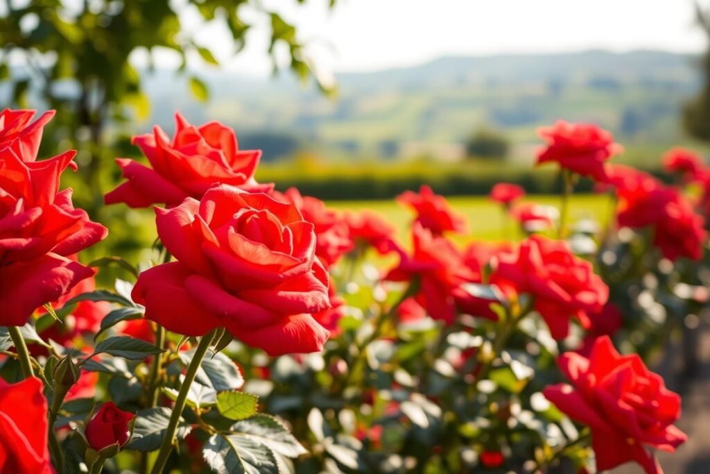 A close-up shot of vibrant, lush red rose bushes in a well-tended garden. The roses are in full bloom, their petals glistening in the warm, diffused sunlight. The foreground showcases the delicate, velvety texture of the rose petals, drawing the viewer's attention to the intricate details. The middle ground reveals the sturdy, verdant stems and leaves, providing a sense of depth and growth. In the background, a blurred, idyllic landscape frames the scene, suggesting a tranquil, serene setting. The overall composition conveys a sense of care, cultivation, and the beauty of the rose-planting process.