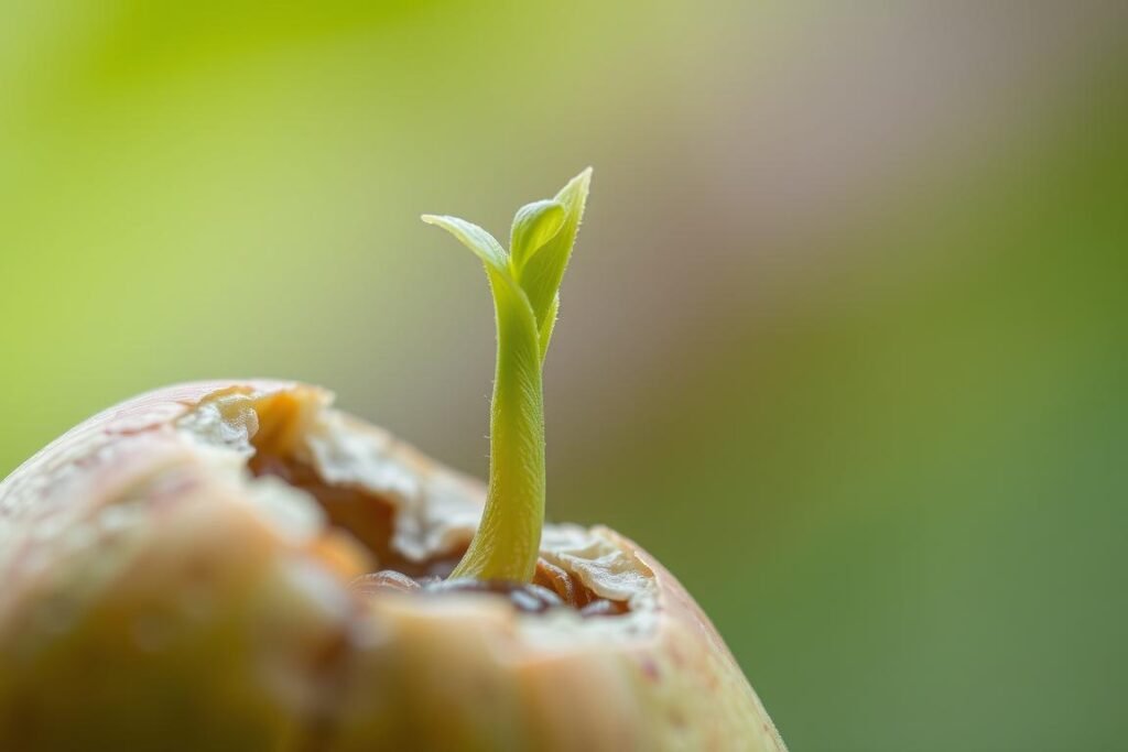 A close-up view of a mango seed germinating, capturing the process of growth and transformation. The seed's husk has cracked open, revealing the delicate sprout emerging, reaching upwards with vibrant green leaves unfurling. The image is captured in soft, diffused natural lighting, showcasing the intricate textures and details of the seed's surface and the tender new growth. The background is blurred, keeping the focus on the central subject and creating a sense of intimacy and wonder around this moment of botanical awakening.