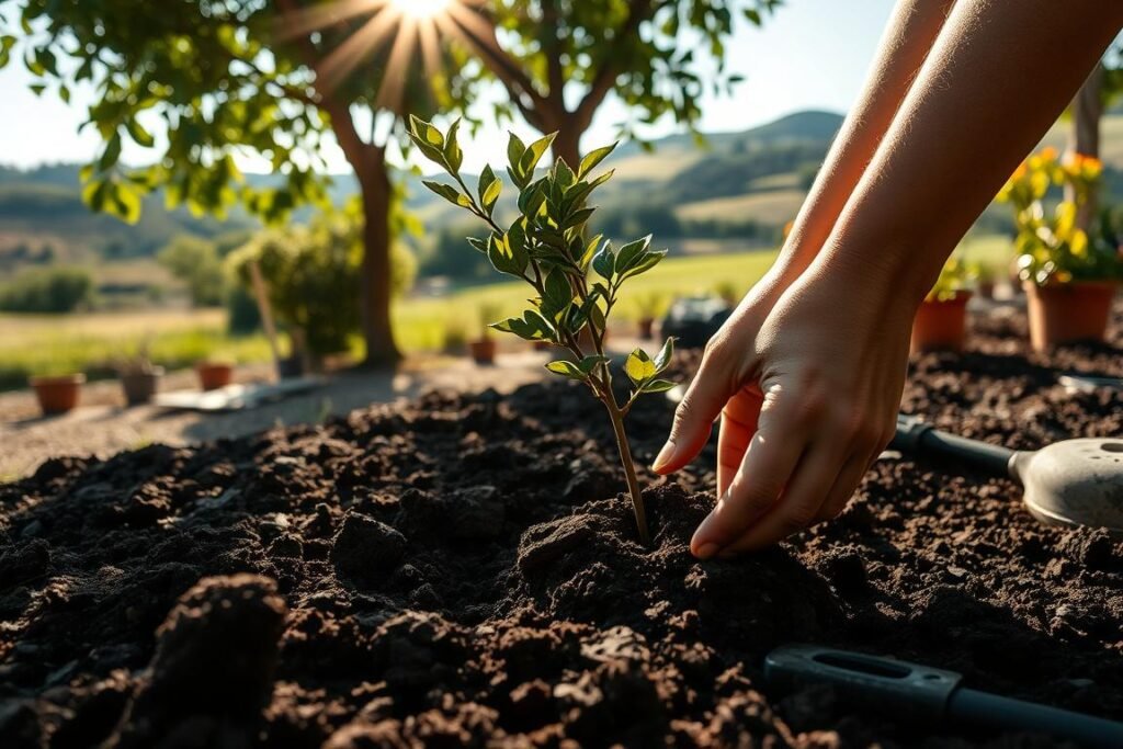 A close-up view of a person's hands carefully planting a young orange tree sapling in rich, dark soil. Sunlight filters through the leaves of surrounding trees, casting a warm, natural glow. The foreground features the hands delicately placing the tree, with loose soil and gardening tools visible around the planting area. In the middle ground, a well-tended garden with lush greenery and other potted plants can be seen. The background showcases a peaceful, pastoral scene with rolling hills and a clear blue sky. The overall mood is one of serene, focused cultivation and the joy of nurturing new growth.