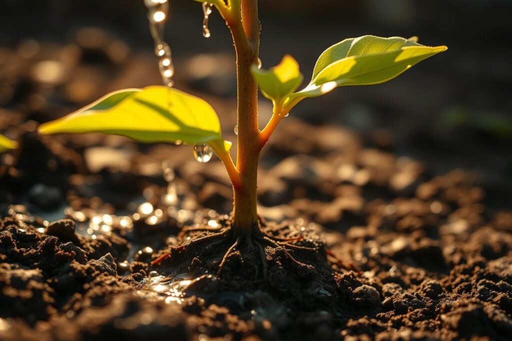 A close-up view of a young cherry tree just after planting, with its delicate roots being gently watered. The soil is dark and moist, and droplets of water glisten on the supple, green leaves. The sun casts a warm, golden glow, illuminating the scene with a sense of nurturing care. The camera angle is low, capturing the scene from the perspective of the newly planted sapling, conveying the importance of this critical first watering. The background is blurred, keeping the focus on the tree and the act of tending to it, reflecting the meticulous attention required in the early stages of cherry tree cultivation.