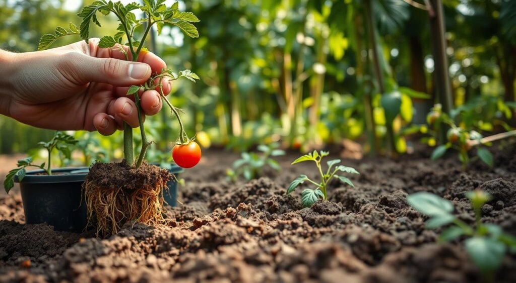 A close-up view of the delicate process of transplanting cherry tomato seedlings. The foreground showcases the careful handling of the young plants, their roots gently extracted from the starter tray and ready to be placed into the prepared soil. The middle ground reveals the rich, loamy texture of the earth, tilled and softened to receive the new growth. In the background, a verdant garden setting provides the ideal natural environment for the tomatoes to thrive, with dappled sunlight filtering through lush foliage. The lighting is soft and diffused, creating a tranquil, nurturing atmosphere that underscores the significance of this pivotal step in the cherry tomato cultivation journey.