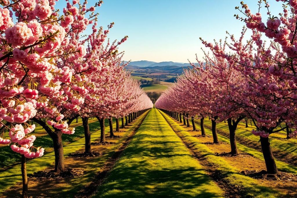 A lush cherry orchard basking in the warm, golden light of a late spring afternoon. In the foreground, row upon row of cherry trees stand tall, their vibrant pink blossoms swaying gently in the soft breeze. The middle ground reveals the verdant, well-tended rows of the orchard, with a path winding through the trees, inviting the viewer to explore. In the distance, rolling hills and a clear blue sky form the serene backdrop, creating a picturesque and tranquil scene that captures the ideal conditions for cherry cultivation.