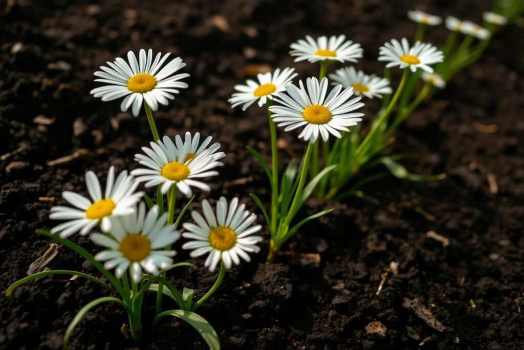 A lush, close-up view of freshly planted daisy flowers, their delicate petals unfurling in the soft morning light. The soil is dark and rich, with hints of organic matter mixed in, creating a textured, earthy backdrop. In the foreground, the daisies stand tall, their bright-white centers contrasting beautifully with the verdant green stems. The angle is slightly tilted, giving the composition a sense of movement and energy. The lighting is diffused and natural, casting gentle shadows that accentuate the three-dimensional form of the flowers. The overall mood is one of tranquility and new growth, perfectly capturing the essence of the "Como plantar margaritas paso a paso" section.