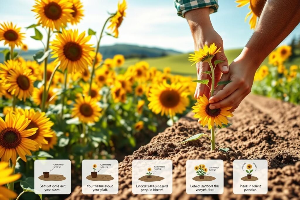 A lush garden filled with vibrant, golden sunflowers in full bloom, their petals radiating warmth under a soft, diffused light. In the foreground, a gardener's hands gently placing a young sunflower seedling into a freshly tilled soil, their delicate movements captured in a shallow depth of field. The middle ground showcases the step-by-step process, with a series of labeled illustrations demonstrating the planting technique. In the background, a rolling countryside landscape with verdant hills and a clear, blue sky, creating a serene and picturesque setting. The overall composition conveys a sense of tranquility, wonder, and the joy of nurturing these majestic flowers from seed to bloom.