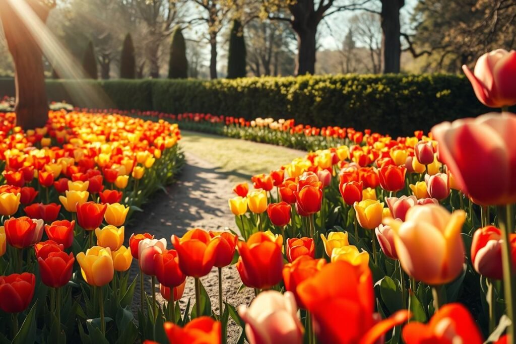 A lush garden filled with vibrant tulips, their petals gently swaying in the soft breeze. Sunlight filters through the leaves, casting a warm, golden glow over the scene. In the foreground, a carefully curated arrangement of tulips in a variety of hues - deep reds, sunny yellows, and delicate pinks - create a visually stunning tapestry. The middle ground features a well-tended path winding through the garden, inviting the viewer to explore. In the background, a neatly trimmed hedge and a few towering trees frame the idyllic setting, adding depth and texture to the composition. The overall atmosphere is one of tranquility and natural beauty, perfectly capturing the ideal location for planting tulips.