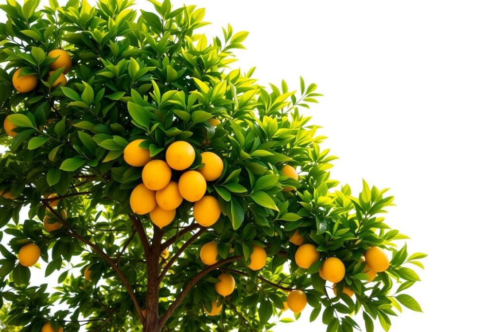 A lush, healthy lemon tree standing tall against a bright, cloudless sky. The tree's foliage is a vibrant, verdant green, with dense, glossy leaves rustling softly in a gentle breeze. Clusters of plump, ripe lemons hang from the branches, their golden hues glistening in the warm, natural lighting. The tree's sturdy trunk rises from a well-tended, nutrient-rich soil, its bark smooth and unblemished. The overall scene exudes a sense of vitality and balance, showcasing the ideal lemon tree specimen for planting and cultivation.