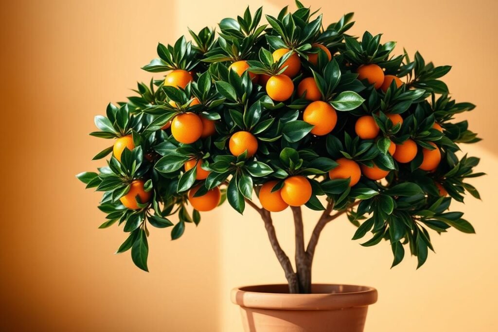 A lush, potted orange tree stands in a well-lit, airy setting. The glossy, deep green leaves and vibrant, round fruits create a striking contrast against the terracotta pot and the warm, natural-toned background. The tree is bathed in soft, diffused lighting, casting gentle shadows that accentuate its organic form. The composition is balanced, with the potted plant positioned slightly off-center, drawing the viewer's eye to its beautiful details. The overall scene exudes a sense of tranquility and a connection to nature, perfectly reflecting the topic of planting orange trees in containers.