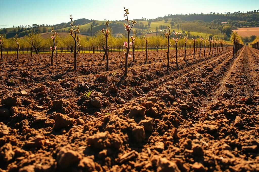 A lush, sun-dappled field of fertile, loamy soil, ideal for growing succulent peaches. The foreground showcases rich, brown earth tilled to a fine tilth, with a scattering of organic matter and compost to enrich the soil. In the middle ground, delicate peach tree saplings stand tall, their slender trunks and delicate pink blossoms reaching towards the warm, golden light. The background features rolling hills, dotted with verdant orchards and a clear, azure sky, conveying a sense of tranquility and abundance. The scene is captured with a soft, slightly hazy lens, evoking the timeless, pastoral beauty of a peach orchard in its prime.