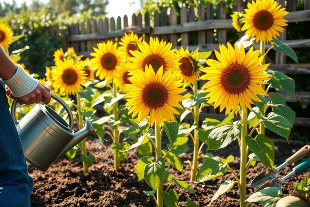 A lush, sun-dappled garden scene with vibrant, healthy sunflowers standing tall, their golden petals gleaming in the warm afternoon light. In the foreground, a gardener tenderly waters the soil around the plants, ensuring the earth remains moist and nourishing. The middle ground features a variety of gardening tools and supplies, including a watering can, trowel, and gloves, suggesting the dedicated care required for these cheerful flowers. In the background, a wooden fence or trellis provides a rustic, pastoral backdrop, completing the serene, tranquil atmosphere. The overall composition conveys a sense of nurturing, growth, and the rewarding process of cultivating sunflowers from seed to bloom.