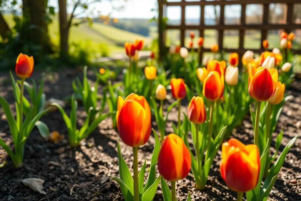 A lush, sun-dappled garden scene. In the foreground, a close-up view of vibrant tulips emerging from the soil, their petals unfurling in shades of red, yellow, and white. The middle ground features a row of tulips in various stages of growth, their long, slender stems and leaves casting soft shadows on the ground. In the background, a wooden fence or trellis provides a natural frame, with a hint of a serene, verdant landscape beyond. The lighting is warm and natural, accentuating the texture and vibrancy of the tulips. The overall atmosphere is one of tranquility and the joy of gardening.
