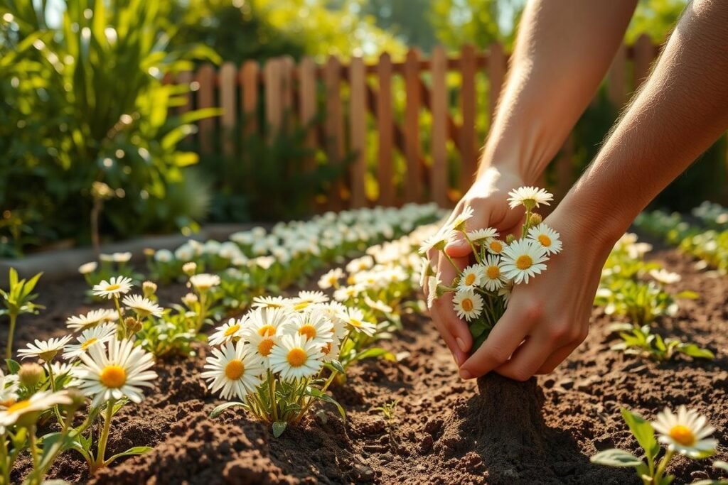A lush, sun-dappled garden scene. In the foreground, a gardener gently extracts vibrant, daisy-like marguerite flowers from the soil, their delicate white petals and yellow centers shining. The middle ground features orderly rows of marguerite plants, their leaves rustling in a gentle breeze. In the background, a wooden fence and verdant foliage frame the tranquil setting. Warm, soft lighting creates a serene, inviting atmosphere, perfectly capturing the process of transplanting these beloved flowers.