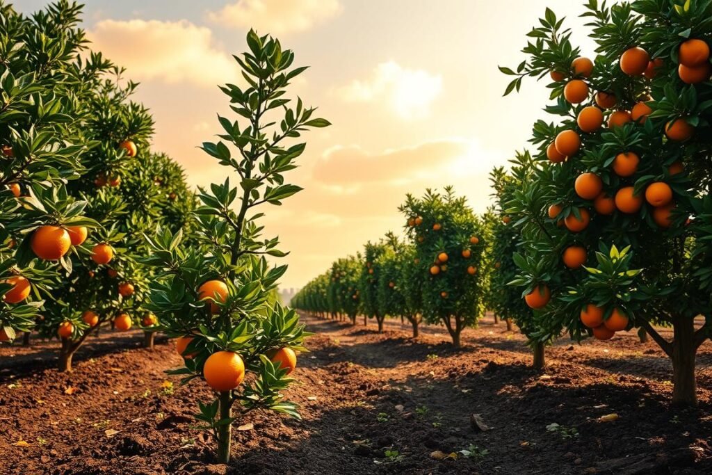 A lush, sun-dappled orange grove with a young, healthy orange tree in the foreground. The tree is surrounded by rich, dark soil and vibrant green foliage. In the middle ground, additional orange trees in various stages of growth, their branches heavy with ripe, juicy fruits. The background features a tranquil, cloudless sky with a warm, golden hue, conveying the ideal planting conditions. The scene is illuminated by soft, natural lighting, casting gentle shadows and highlights that accentuate the texture and colors of the trees and soil. The overall atmosphere is one of tranquility, abundance, and the perfect moment to plant a thriving orange tree.