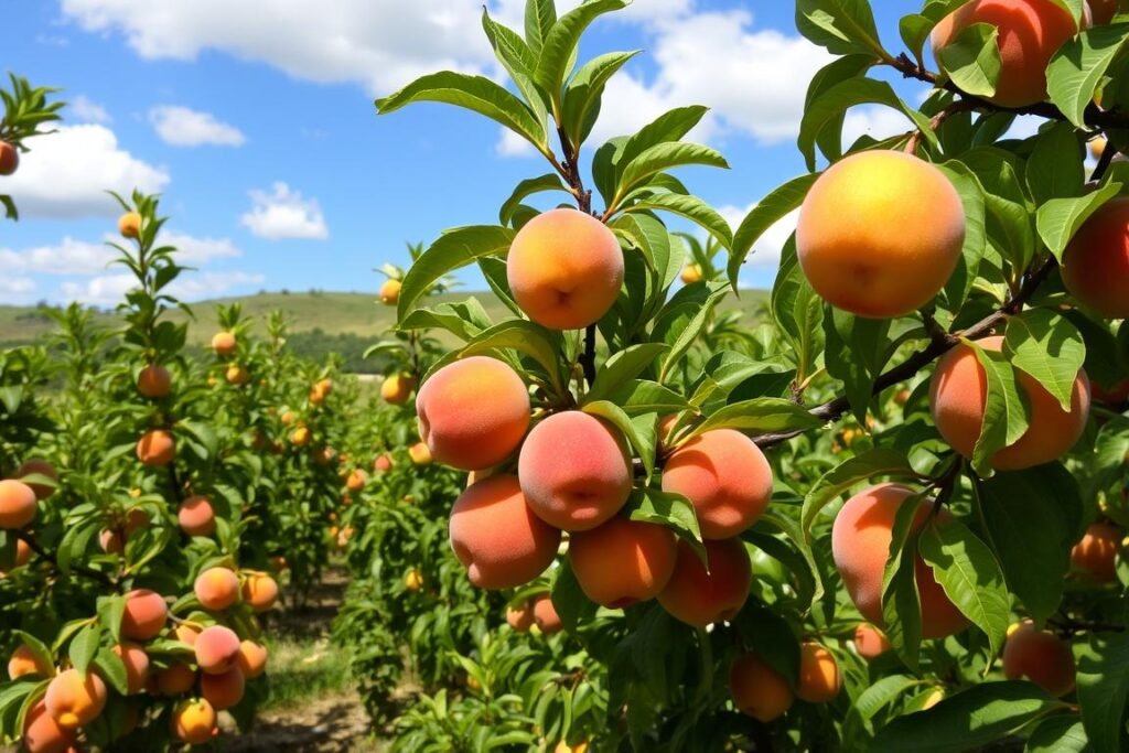A lush, sun-dappled orchard filled with a diverse array of peach varieties. In the foreground, juicy, ripe peaches in shades of golden yellow, blushing pink, and deep crimson hang from the branches, their soft fuzz catching the warm light. The middle ground showcases the shapely, verdant foliage of the peach trees, their leaves rustling gently in a light breeze. In the background, a rolling hillside provides a picturesque natural setting, with a clear blue sky overhead accented by fluffy white clouds. The scene evokes the tranquility and abundance of a well-tended peach orchard, ready to provide a bountiful harvest.