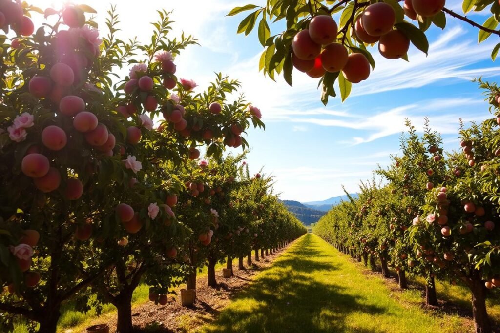 A lush, sun-dappled orchard, with rows of thriving peach trees in full bloom. The canopy is dappled with soft, golden light, casting a warm, inviting glow across the scene. In the foreground, the peach trees stand tall, their delicate pink blossoms swaying gently in a light breeze. The middle ground reveals a gently sloping hillside, covered in verdant grass and dotted with the occasional wildflower. In the distance, a clear blue sky stretches out, with wispy, cumulus clouds drifting lazily overhead. The overall atmosphere is one of tranquility and abundance, perfectly capturing the ideal climate for peach cultivation.