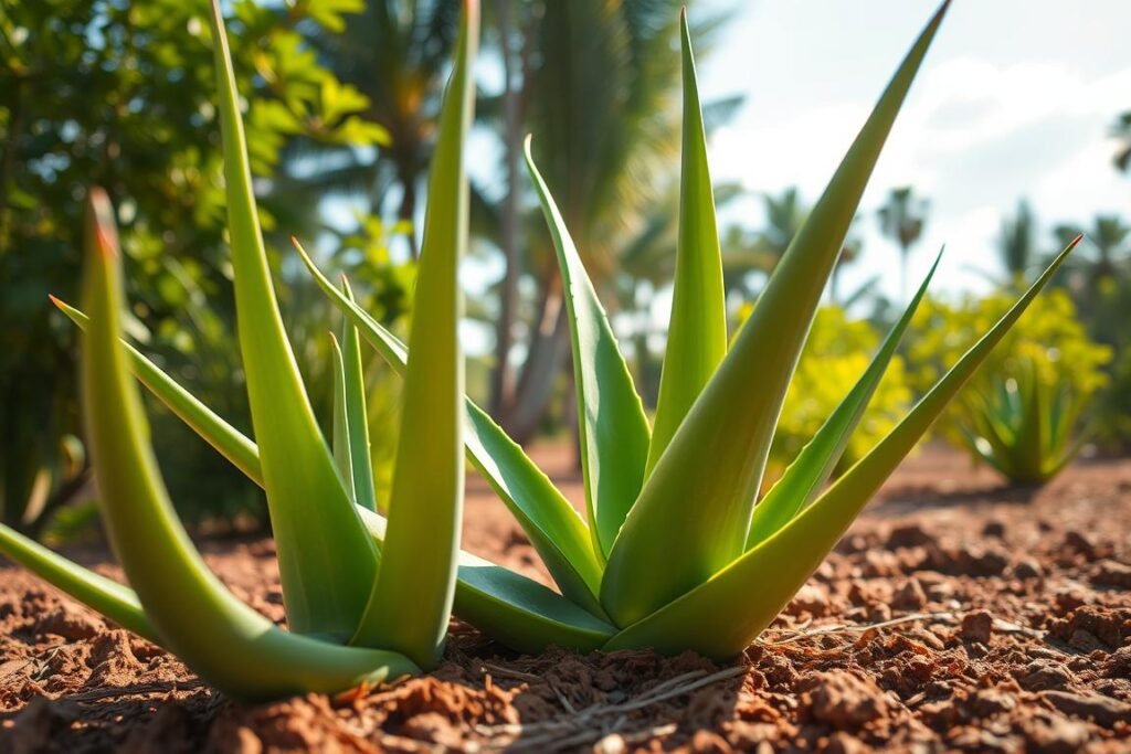 A lush, sun-dappled scene of an aloe vera plant thriving in its ideal environment. In the foreground, the succulent's thick, fleshy leaves spread out, their vibrant green hues glowing under the warm, golden sunlight. The middle ground showcases the plant's robust stem, anchoring it firmly in rich, loamy soil. In the background, a serene garden setting with verdant foliage and a clear, cloudless sky, creating a tranquil, natural atmosphere. The lighting is soft and diffused, casting gentle shadows that accentuate the plant's sculptural form. The camera angle is slightly elevated, providing a visually compelling perspective that highlights the aloe vera's majestic presence within its optimal growing conditions.