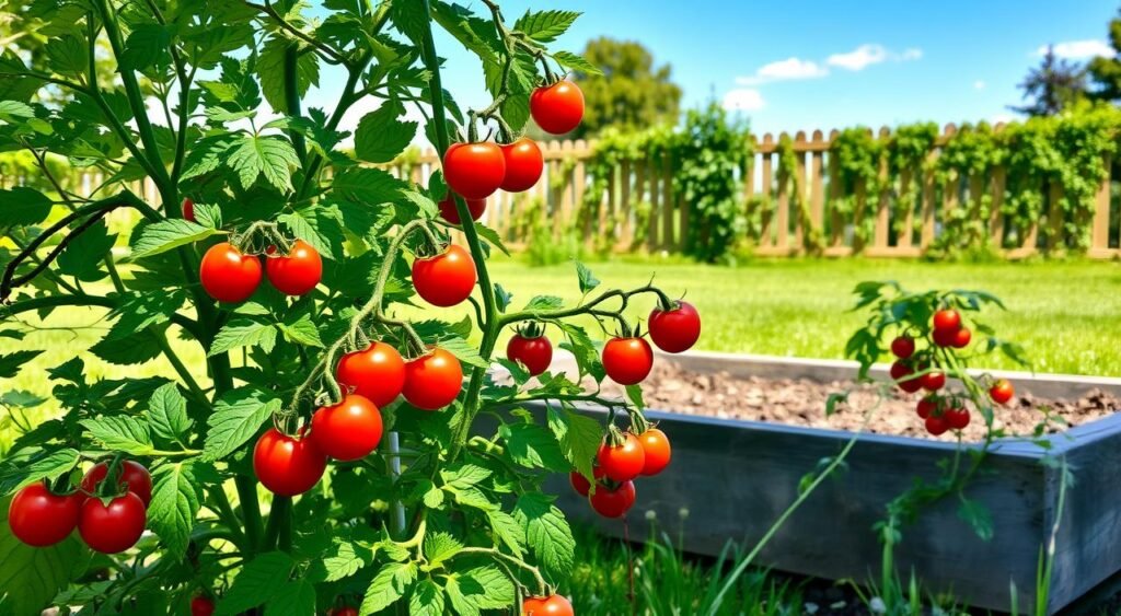 A lush, sun-drenched garden scene showcasing the ideal location for growing cherry tomatoes. In the foreground, several thriving tomato plants with vibrant green foliage and clusters of plump, ruby-red cherry tomatoes. The middle ground features a well-tended raised garden bed, its soil rich and moist, surrounded by a neatly trimmed lawn. In the background, a wooden fence adorned with trailing vines and a clear, azure sky, conveying a sense of tranquility and abundance. Gentle, diffused lighting bathes the scene, casting soft shadows and highlighting the tomatoes' glossy sheen. The overall composition exudes a serene, pastoral atmosphere, perfectly capturing the optimal conditions for cultivating bountiful cherry tomato harvests.