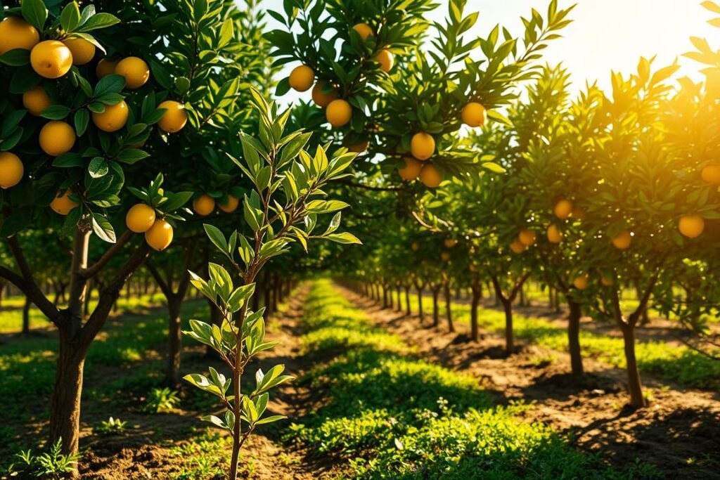 A lush, sun-drenched lemon orchard stretches out, its verdant foliage casting dappled shadows on the fertile soil below. Rows of mature lemon trees stand tall, their glossy green leaves and bright yellow fruit creating a vibrant, picturesque scene. In the foreground, a young lemon sapling takes root, its delicate branches reaching skyward. The warm, golden light filters through the canopy, illuminating the scene with a soft, natural glow. A slight breeze rustles the leaves, lending a sense of tranquility to the idyllic plantation. The overall atmosphere evokes the serene beauty and abundance of a thriving lemon grove.