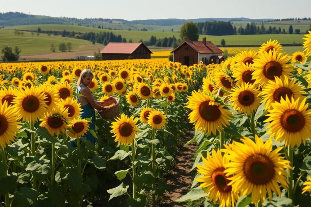 A lush sunlit field of towering golden sunflowers, their cheerful faces swaying gently in the breeze. In the foreground, a farmhand carefully harvests the ripe flower heads, their petals glowing under the warm afternoon light. Woven baskets overflow with the vibrant blooms, ready to be gathered and shared. In the middle ground, rows of sunflowers stretch out towards the horizon, their sturdy stalks casting long shadows across the fertile soil. The background features a quaint farmhouse, its weathered wooden walls and red-tiled roof nestled amidst a rolling landscape of verdant hills and distant trees. An idyllic scene of the bountiful sunflower harvest, evoking the natural beauty and abundance of the season.