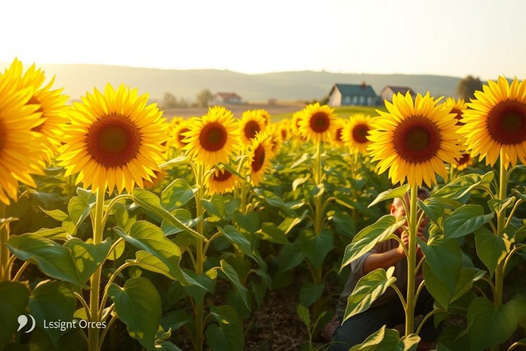 A lush, sunlit field of towering sunflowers, their golden petals gently swaying in the breeze. In the foreground, a gardener kneels, carefully tending to the plants, pruning and supporting the stems. The middle ground reveals the vibrant green foliage, dotted with the occasional bud or bloom. In the background, a picturesque farmhouse and rolling hills create a serene, pastoral scene. Soft, warm lighting casts a golden glow over the entire composition, capturing the tranquility and care required to maintain a thriving sunflower garden.