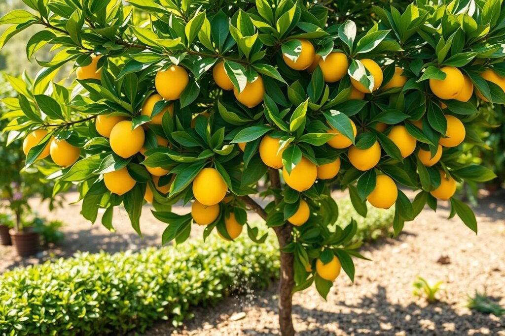 A lush, thriving lemon tree stands in a sun-dappled garden, its verdant foliage glistening with freshly applied water. The tree's branches sway gently in a soft breeze, showcasing a bountiful crop of vibrant yellow lemons. The scene is captured from a slightly elevated angle, highlighting the tree's graceful form and the rich, loamy soil at its base. Dappled sunlight filters through the leaves, casting a warm, inviting glow over the entire tableau. The image conveys a sense of balance and harmony, reflecting the ideal irrigation practices for a healthy, productive lemon tree.