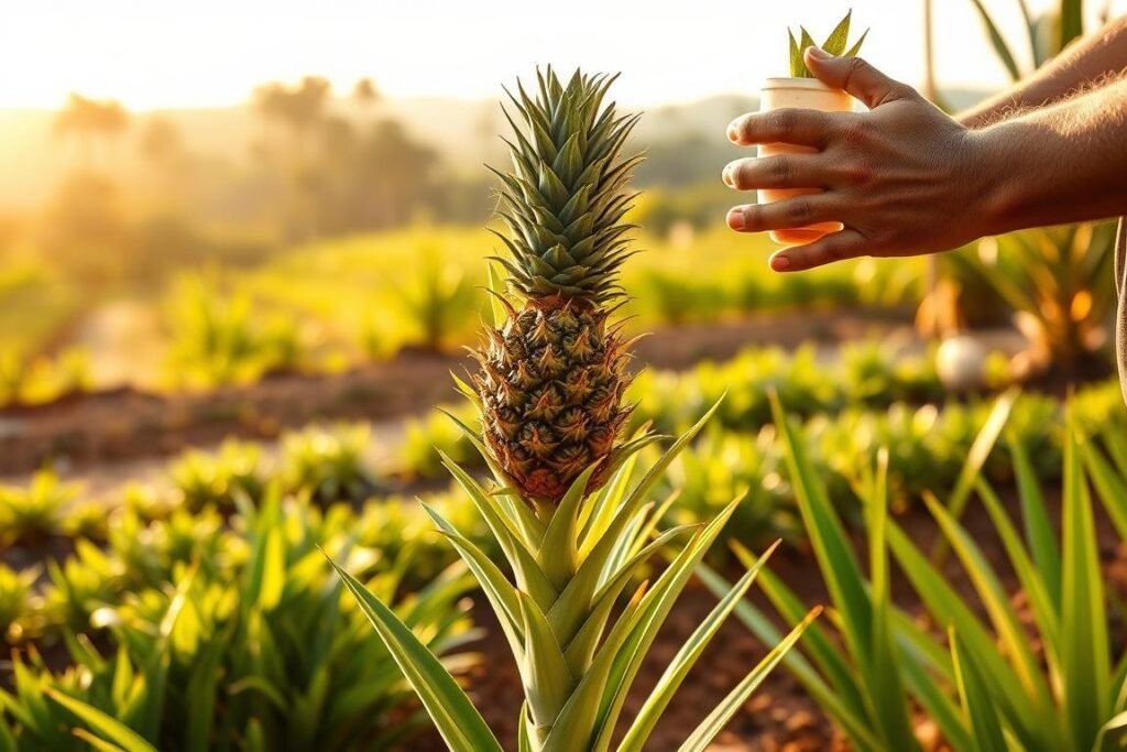A lush, tropical scene showcasing the placement of a pineapple crown. In the foreground, a vibrant green pineapple plant stands tall, its spiky leaves reaching towards the sun. Gently, a weathered farmer's hands carefully position the pineapple's crown atop the plant, their movements delicate and practiced. The middle ground features a well-tended garden, filled with verdant foliage and rich, loamy soil. In the background, a hazy, sun-dappled horizon suggests a lush, verdant landscape. Warm, golden lighting bathes the scene, casting a peaceful, serene atmosphere. The overall composition conveys the careful, methodical process of planting pineapples, reflecting the article's step-by-step guide.