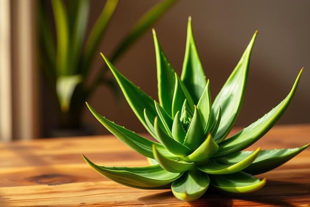 A lush, verdant aloe vera plant with thick, succulent leaves arranged in a rosette pattern, situated on a wooden table or surface. The background is blurred, creating a sense of focus on the plant. Warm, diffused lighting illuminates the aloe vera, casting soft shadows and highlighting the intricate texture of the leaves. The overall composition conveys a serene, instructional atmosphere, suitable for illustrating a step-by-step guide on how to plant and care for aloe vera.