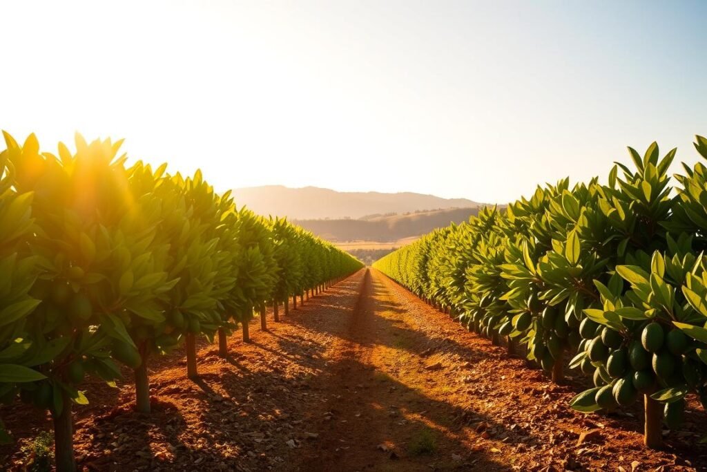 A lush, verdant avocado orchard bathed in warm, golden sunlight. In the foreground, rows of thriving avocado trees stand tall, their glossy, dark green leaves rustling gently in a light breeze. The middle ground reveals a well-tended soil, rich and fertile, with a natural mulch of fallen leaves and organic matter. In the background, rolling hills and a clear, azure sky create a picturesque, serene landscape, perfectly suited for the cultivation of this beloved fruit. The scene conveys a sense of harmony and abundance, showcasing the ideal conditions for a flourishing avocado plantation. A lush, verdant avocado orchard bathed in warm, golden sunlight. In the foreground, rows of thriving avocado trees stand tall, their glossy, dark green leaves rustling gently in a light breeze. The middle ground reveals a well-tended soil, rich and fertile, with a natural mulch of fallen leaves and organic matter. In the background, rolling hills and a clear, azure sky create a picturesque, serene landscape, perfectly suited for the cultivation of this beloved fruit. The scene conveys a sense of harmony and abundance, showcasing the ideal conditions for a flourishing avocado plantation.