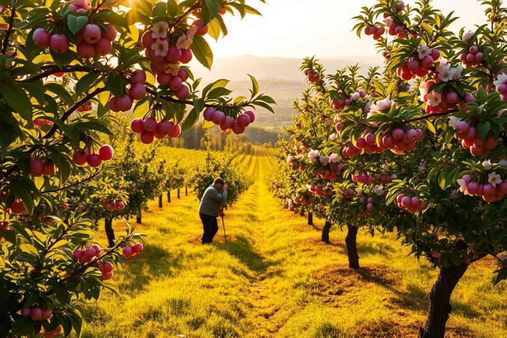 A lush, verdant cherry orchard bathed in warm, golden sunlight. In the foreground, a gardener tenderly prunes the delicate branches, carefully shaping the trees for optimal fruit production. The middle ground reveals rows of vibrant, pink-blossomed cherry trees, their petals gently swaying in a soft breeze. In the background, a picturesque landscape unfolds, with rolling hills and a distant, hazy horizon. The scene exudes a sense of tranquility and the harmonious relationship between nature and human stewardship, perfectly capturing the essence of "Mantenimiento anual de los cerezos".