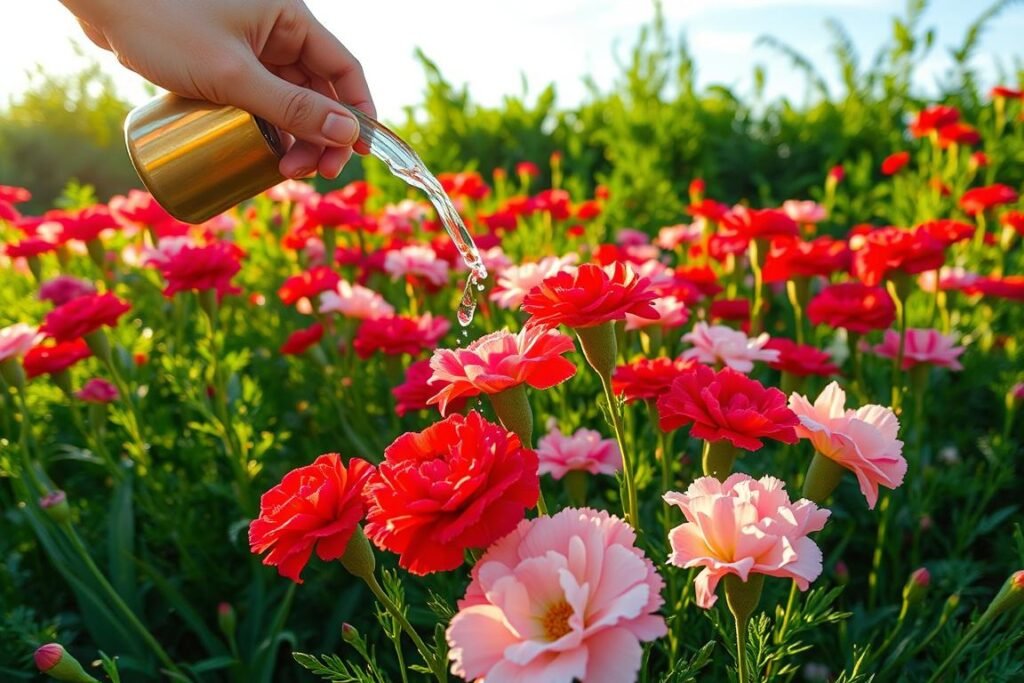 A lush, verdant garden filled with vibrant carnations, their delicate petals gently swaying in the warm, golden sunlight. In the foreground, a gardener's hand tenderly waters the flowers, the crystalline droplets cascading down the supple stems. The middle ground showcases the carnations in their full glory, their hues ranging from deep crimson to soft, blushing pink. In the background, a backdrop of verdant foliage and a cloudless, azure sky create a serene, tranquil atmosphere. The scene is captured with a crisp, high-resolution lens, emphasizing the intricate details and natural textures of the flowers and their environment.