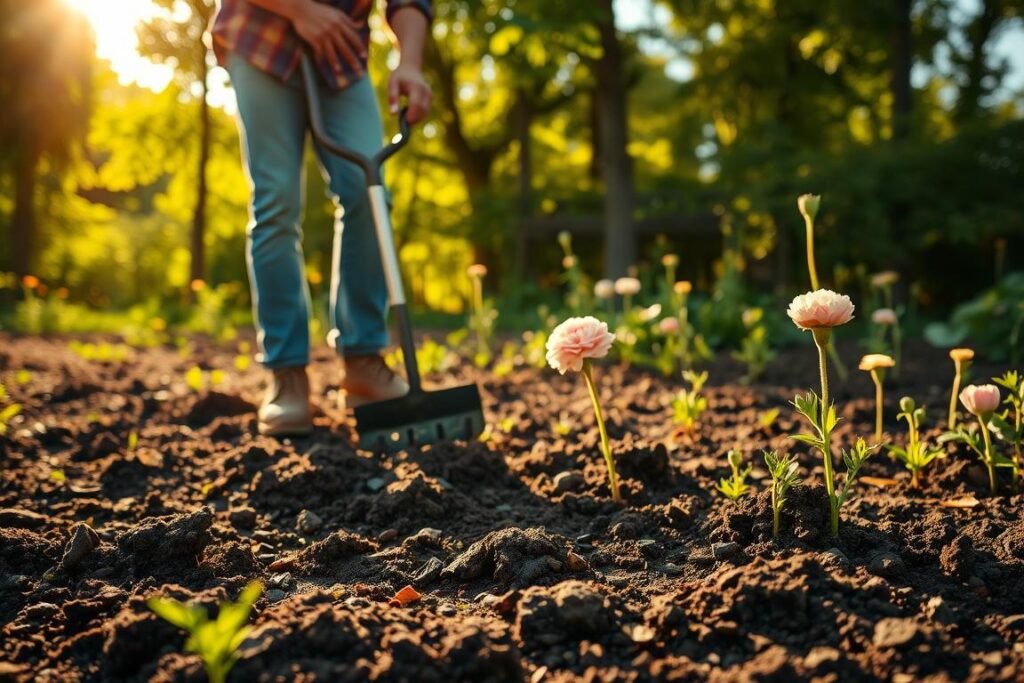 A lush, verdant garden scene depicting the preparation of soil for planting carnations. In the foreground, a gardener skillfully tills the earth with a hand cultivator, turning over the rich, dark soil and breaking up any clumps. Sunlight filters through the leaves of tall trees in the background, casting a warm, golden glow over the scene. The soil is moist and crumbly, ready to receive the delicate carnation seedlings. The gardener's movements are purposeful and efficient, their experience evident in the careful attention they pay to the task at hand. The overall atmosphere is one of tranquility and anticipation, as the gardener readies the earth to receive the vibrant blooms that will soon emerge.