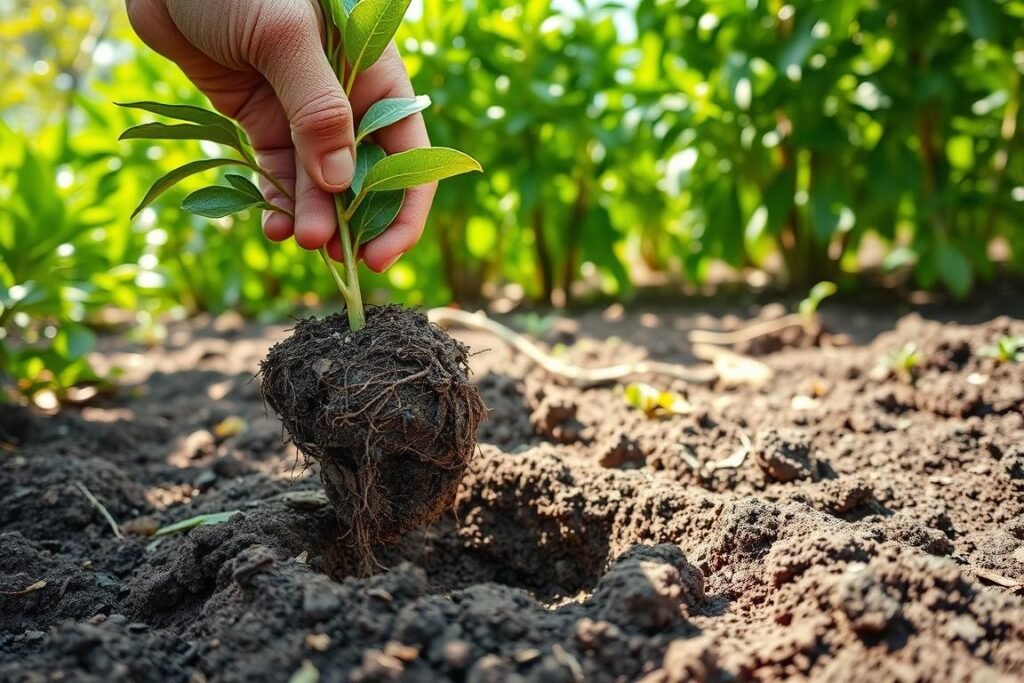 A lush, verdant garden scene with a close-up focus on the process of transplanting an avocado seedling from its container to the soil. The foreground depicts weathered, calloused hands gently lifting the delicate plant, its roots wrapped in dark, nutrient-rich earth. The middle ground showcases the newly dug hole, its edges softly crumbling, ready to receive the avocado's new home. In the background, a backdrop of vibrant green foliage, dappled sunlight filtering through, creating a warm, tranquil atmosphere. The scene conveys a sense of care, patience, and the joy of nurturing a young avocado tree from sapling to thriving plant. A lush, verdant garden scene with a close-up focus on the process of transplanting an avocado seedling from its container to the soil. The foreground depicts weathered, calloused hands gently lifting the delicate plant, its roots wrapped in dark, nutrient-rich earth. The middle ground showcases the newly dug hole, its edges softly crumbling, ready to receive the avocado's new home. In the background, a backdrop of vibrant green foliage, dappled sunlight filtering through, creating a warm, tranquil atmosphere. The scene conveys a sense of care, patience, and the joy of nurturing a young avocado tree from sapling to thriving plant.