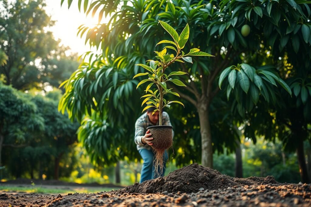 A lush, verdant mango tree stands tall, its glossy green leaves rustling in the gentle breeze. In the foreground, a gardener carefully lifts a young mango sapling from a pot, its delicate roots exposed. The mid-ground showcases the prepared planting hole, the rich, dark soil ready to embrace the new addition. Soft, diffused sunlight filters through the canopy, casting a warm, golden glow over the scene. The overall mood is one of tranquility and anticipation, as the gardener prepares to transplant the mango and witness its journey towards maturity.