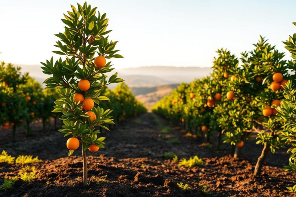 A lush, verdant orange grove bathed in warm, golden sunlight. In the foreground, a young orange tree stands tall, its leaves glistening with freshly applied water. Surrounding it, the soil is moist and dark, indicating a recent, careful irrigation. In the middle ground, rows of mature orange trees stretch out, their branches heavy with ripe, vibrant fruit. The background is filled with a hazy, atmospheric landscape of rolling hills and a clear, azure sky. The scene conveys a sense of tranquility and a nurturing, life-sustaining environment - the perfect illustration for the care and attention required to properly water a newly planted orange tree.