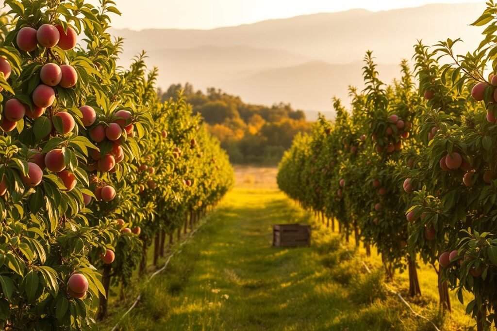 A lush, verdant orchard bathed in warm, golden sunlight. In the foreground, rows of peach trees stand tall, their branches heavy with ripe, blushing fruit. The middle ground reveals a gently sloping landscape, dotted with wildflowers and the occasional weathered wooden crate. In the distance, a hazy mountain range frames the scene, creating a sense of depth and tranquility. The atmosphere is one of peaceful abundance, capturing the ideal time for planting peach trees - a moment of seasonal transition and new growth.