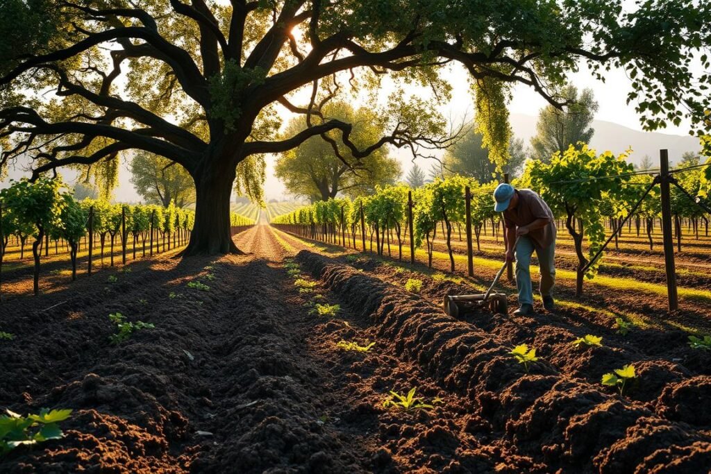 A lush, verdant vineyard scene showcasing the preparation of soil for grape cultivation. In the foreground, a farmer carefully tills the earth with a traditional plow, turning over the rich, dark soil to aerate and loosen it. Sunlight filters through the branches of towering oak trees in the middle ground, casting a warm, golden glow over the scene. In the background, rows of trellised vines stretch out, their leafy tendrils swaying gently in the breeze. The atmosphere is one of tranquility and anticipation, as the farmer prepares the land to nurture the growth of the precious grape crop. Realistic textures, muted colors, and a sense of depth and perspective create a captivating, naturalistic composition.