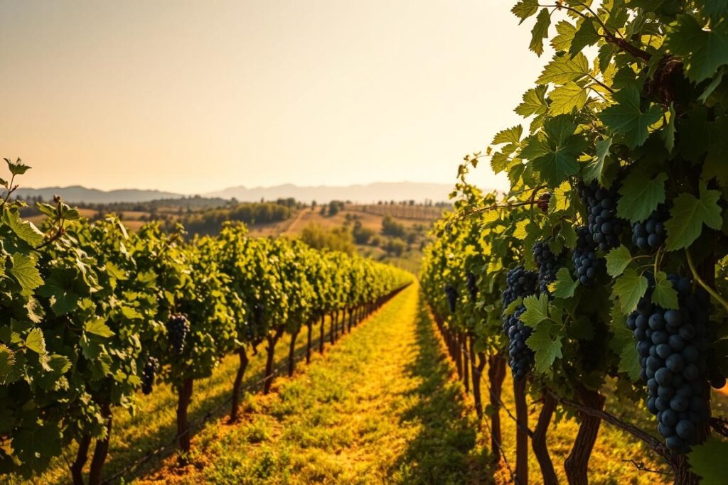 A lush, verdant vineyard stretches out under a warm, golden-hued sky. In the foreground, neat rows of grapevines climb trellises, their leaves rustling gently in a soft breeze. The middle ground reveals clusters of plump, ripe grapes in hues of deep purple and vibrant green, ready for harvesting. In the background, rolling hills dotted with olive trees and distant mountains create a picturesque, tranquil landscape. The scene is illuminated by natural, directional lighting, casting long shadows and highlighting the textures of the vines and grapes. The overall atmosphere is one of serene productivity, inviting the viewer to imagine the process of cultivating these grapes step-by-step.