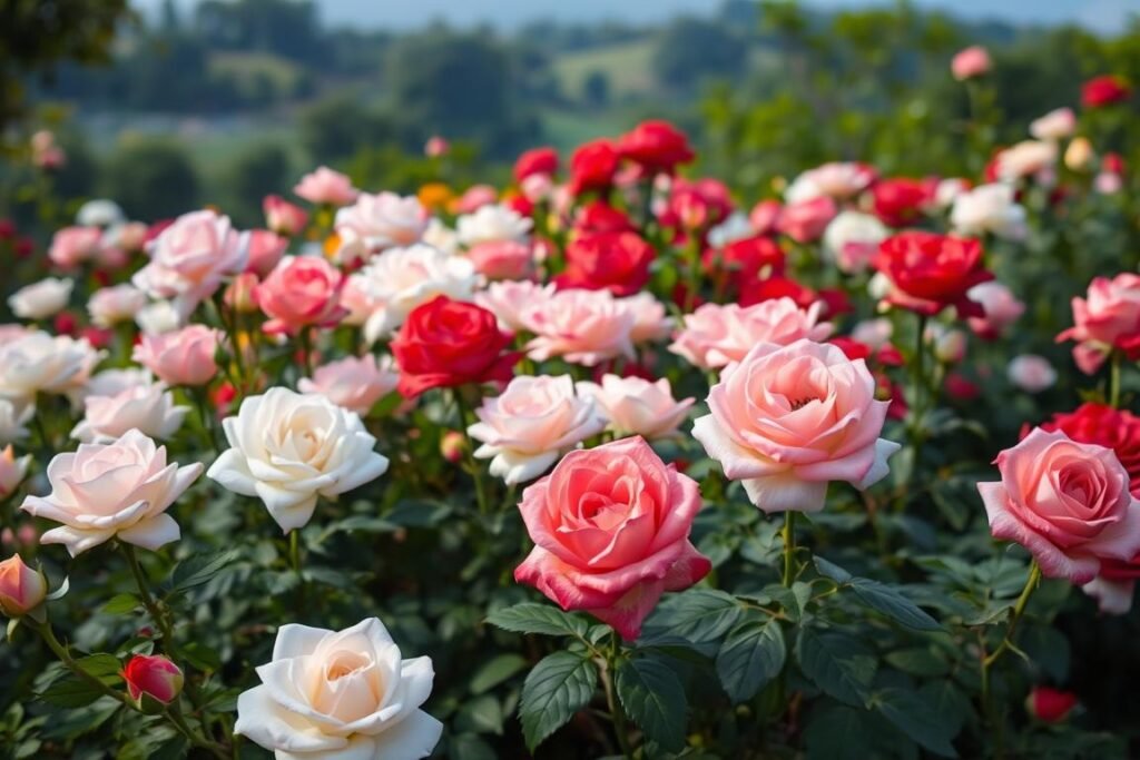 A lush, vibrant display of varied rose varieties in a tranquil garden setting. The foreground showcases an array of blooms in a spectrum of hues - delicate pastel pinks, rich crimson reds, and soft, creamy whites. The middle ground features a mix of hybrid tea, floribunda, and English garden roses, their petals softly illuminated by natural lighting. In the background, a backdrop of verdant foliage and a hazy, out-of-focus landscape creates a sense of depth and serenity. The overall mood is one of beauty, harmony, and the joy of cultivating a diverse rose garden.