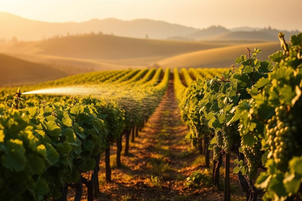 A lush vineyard landscape with verdant vines sprawling across gently rolling hills, bathed in warm, golden afternoon sunlight. The foreground showcases a farmer carefully watering the vines, a delicate sprinkle of water droplets glistening on the leaves. In the middle ground, rows of grapevines stretch out, their twisted, gnarly trunks supporting clusters of plump, juicy grapes in various stages of ripening. The background is hazy with a soft, atmospheric haze, creating a sense of depth and tranquility. The overall scene conveys the dedicated care and attention required to maintain a thriving, healthy vineyard.