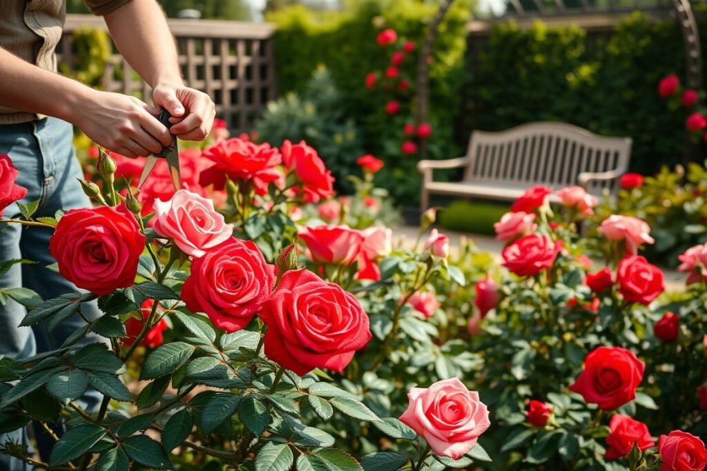 A lush, well-manicured rose garden on a sunny day, with a focus on the careful maintenance of the rosebushes. In the foreground, a gardener in casual attire is gently pruning the thorny stems, ensuring the healthy growth of vibrant, velvety red and pink rose blooms. The middle ground showcases a variety of rose cultivars, their leaves glistening with dewdrops, creating a sense of tranquility. In the background, a wooden garden bench and a wrought-iron trellis provide a natural setting, complemented by the soft, diffused lighting that casts a warm, golden glow over the scene. The overall mood is one of serene, dedicated care and attention to the beauty of these prized, fragrant flowers.