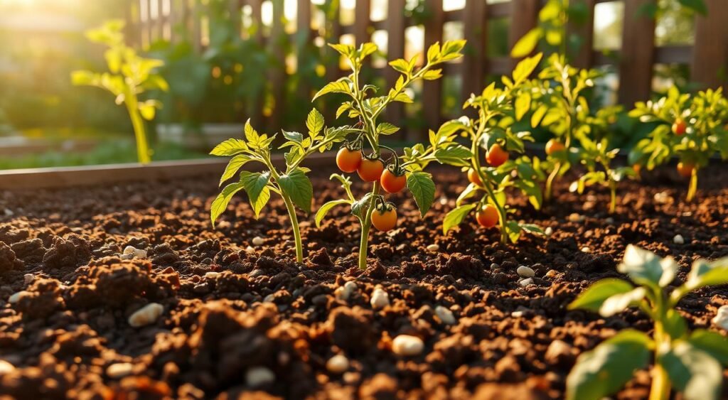 A lush, well-tended vegetable garden under a warm, golden afternoon sun. In the foreground, a raised garden bed filled with rich, dark soil ready for planting. The texture of the soil is visible, with small pebbles and organic matter mixed in. In the middle ground, several small, lush cherry tomato plants in various stages of growth, their leaves gently swaying in a light breeze. The plants are healthy and vibrant, their deep green foliage a perfect contrast to the earthy tones of the soil. In the background, a wooden fence or trellis provides support and structure, creating a sense of depth and dimension. The overall scene conveys a sense of care, attention, and the promise of a bountiful harvest to come.