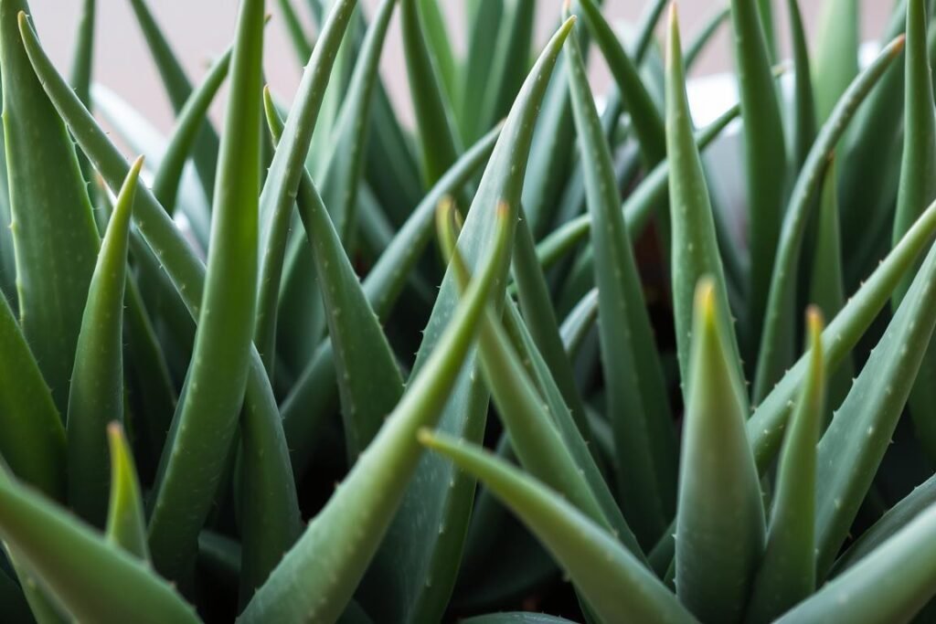 A neatly arranged display of healthy Aloe Vera plants, their thick, succulent leaves glistening under soft, natural lighting. The plants are positioned in the foreground, with a neutral, out-of-focus background, allowing the vibrant green hues and intricate leaf patterns to take center stage. The composition is balanced, with the plants strategically placed to create a visually appealing, symmetrical layout. The overall tone is one of freshness, vitality, and care, perfectly capturing the essence of selecting the right Aloe Vera plant for your home or garden.