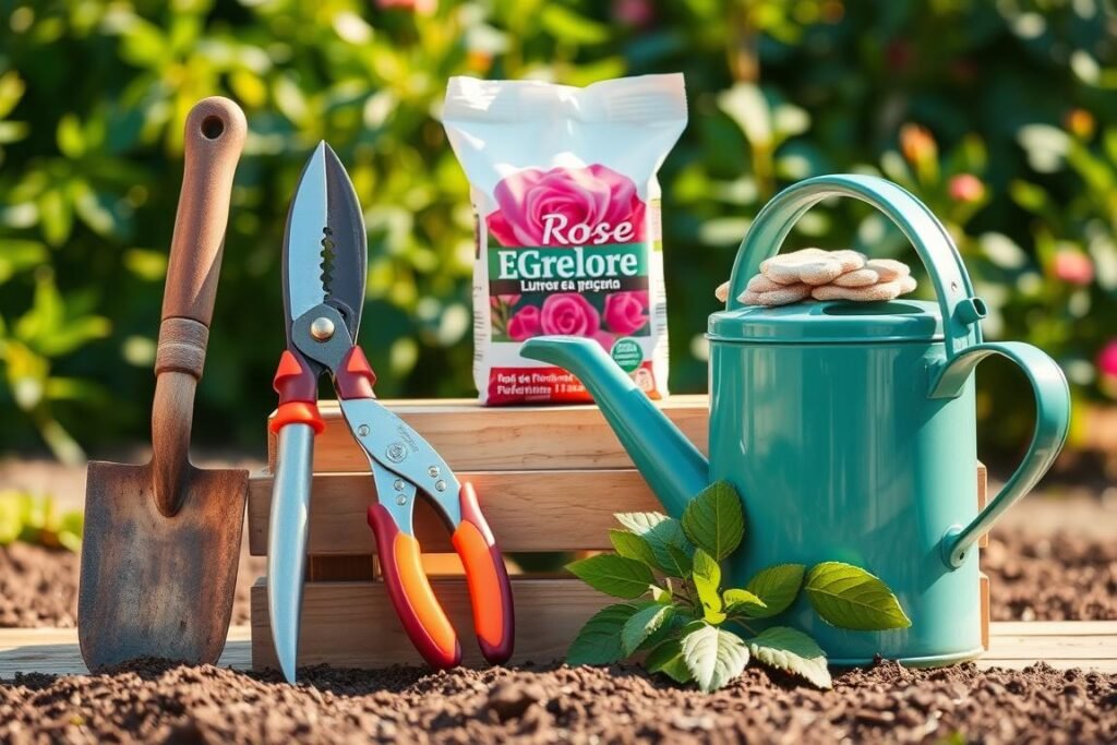 A neatly arranged set of gardening tools for planting roses, bathed in warm, natural lighting. In the foreground, a trowel, pruning shears, and a watering can stand ready. In the middle ground, a small bag of rose-specific fertilizer and a pair of gardening gloves sit atop a wooden crate. The background features a lush, green backdrop, hinting at the future growth and flourishing of the roses. The scene evokes a sense of anticipation and preparedness, perfectly capturing the "Preparativos antes de plantar rosas" section of the article.