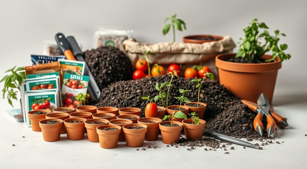 A neatly organized display of the essential materials for planting cherry tomatoes, captured in a well-lit, close-up studio shot with a shallow depth of field. In the foreground, an array of small terracotta pots, seed packets, and gardening tools such as trowels and pruners. In the middle ground, a selection of rich, dark soil and compost, with a few young tomato seedlings peeking through. The background features a clean, neutral backdrop, allowing the vibrant colors and textures of the materials to take center stage. The overall mood is one of anticipation and preparedness, conveying the excitement of embarking on a cherry tomato growing journey.